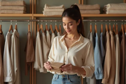 Femme consultant une étiquette de taille vêtement dans une boutique pour comprendre la conversion des tailles US, UK et EU