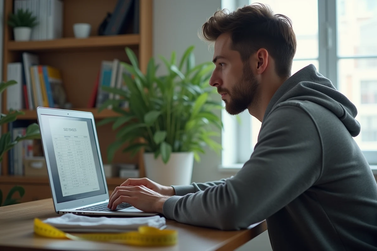 Homme utilisant un convertisseur de taille vêtement en ligne sur ordinateur portable avec un mètre ruban posé sur le bureau