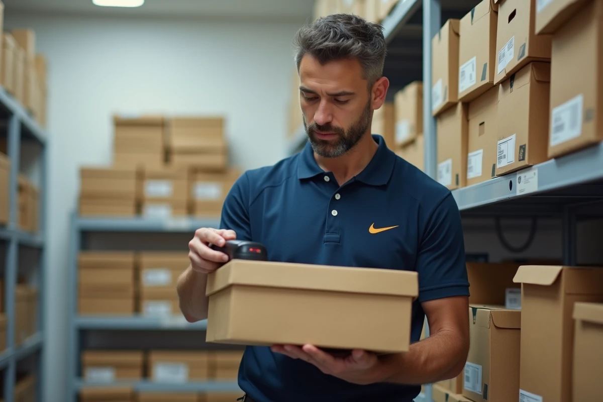 Employé de magasin Nike scannant un code-barres UPC sur une boîte de chaussures en réserve