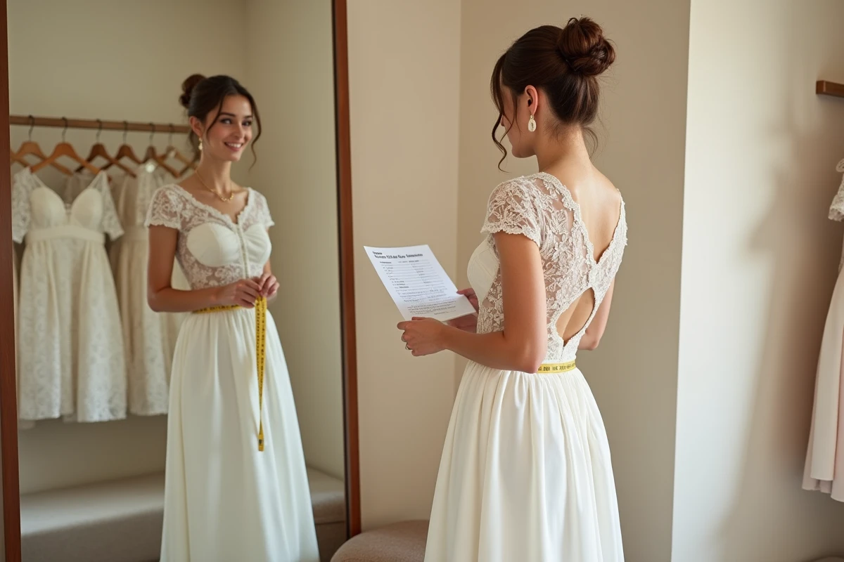 Femme essayant une robe de mariée invitée en cabine, vérifiant les mesures avec un guide des tailles imprimé
