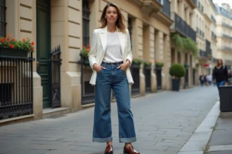 Femme de 45 ans portant un baggy jeans indigo avec un blazer blanc ajusté et des mocassins en cuir, posant avec élégance sur un trottoir parisien