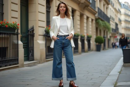 Femme de 45 ans portant un baggy jeans indigo avec un blazer blanc ajusté et des mocassins en cuir, posant avec élégance sur un trottoir parisien