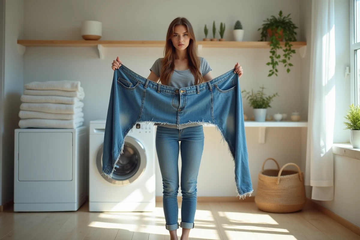 Femme inspectant un jean ayant rétréci après passage au sèche-linge, expression perplexe dans une buanderie lumineuse