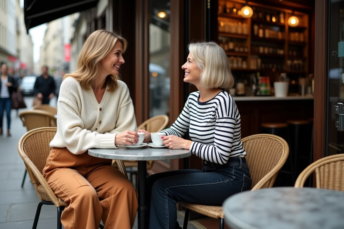 Deux femmes de plus de 40 ans attablées en terrasse de café parisien, portant chacune un style de baggy jeans différent dans une ambiance décontractée et élégante