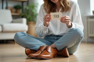 Femme consultant une guide de correspondance des tailles de chaussures UK en tenant une paire d'Oxford en cuir tan