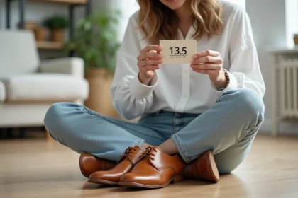 Femme consultant une guide de correspondance des tailles de chaussures UK en tenant une paire d'Oxford en cuir tan
