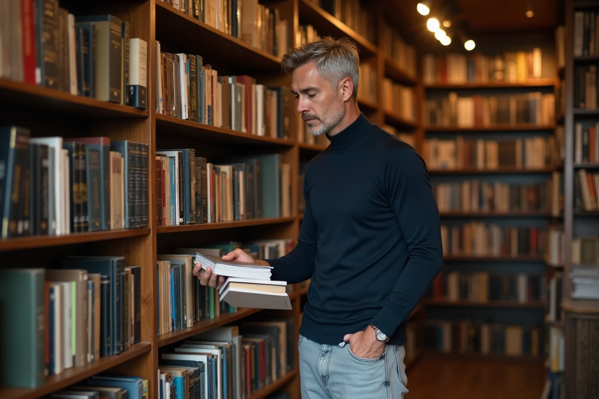 Homme d'une quarantaine d'années en baggy jeans gris stonewash et col roulé marine, feuilletant des livres dans une librairie indépendante au décor chaleureux