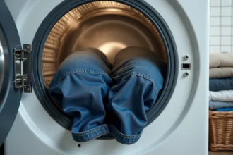 Jean en denim indigo qui rétrécit dans un sèche-linge domestique moderne, vue à travers le hublot en verre