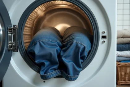 Jean en denim indigo qui rétrécit dans un sèche-linge domestique moderne, vue à travers le hublot en verre