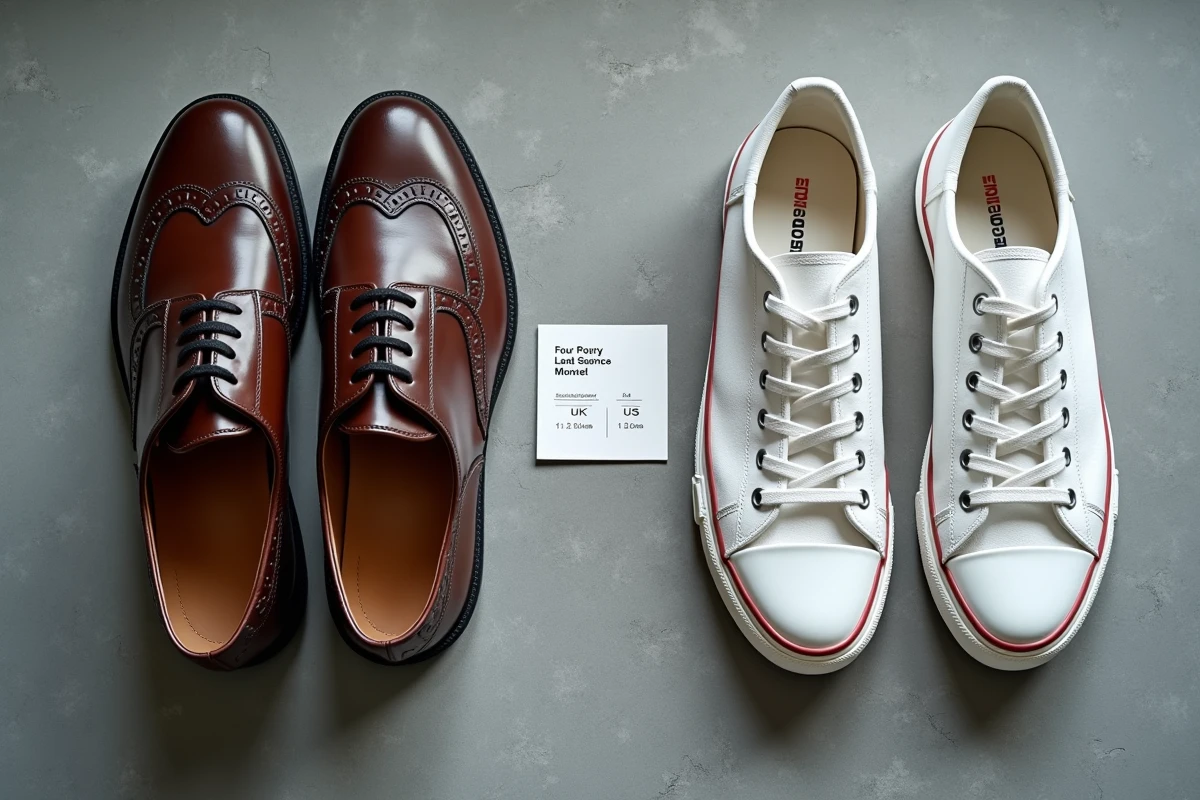Mémo de conversion des tailles de chaussures UK posé entre une paire de brogues en cuir et des baskets blanches