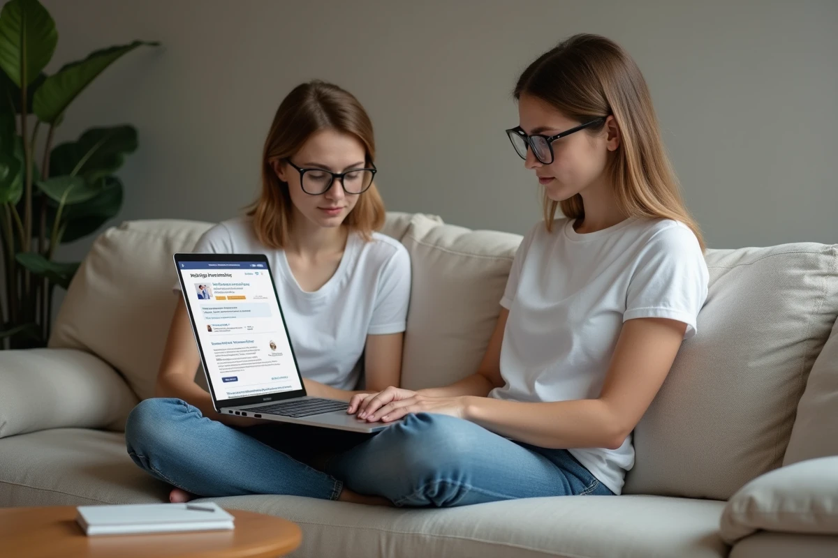 Jeune femme recherchant des informations sur une marque inconnue via internet depuis son canapé