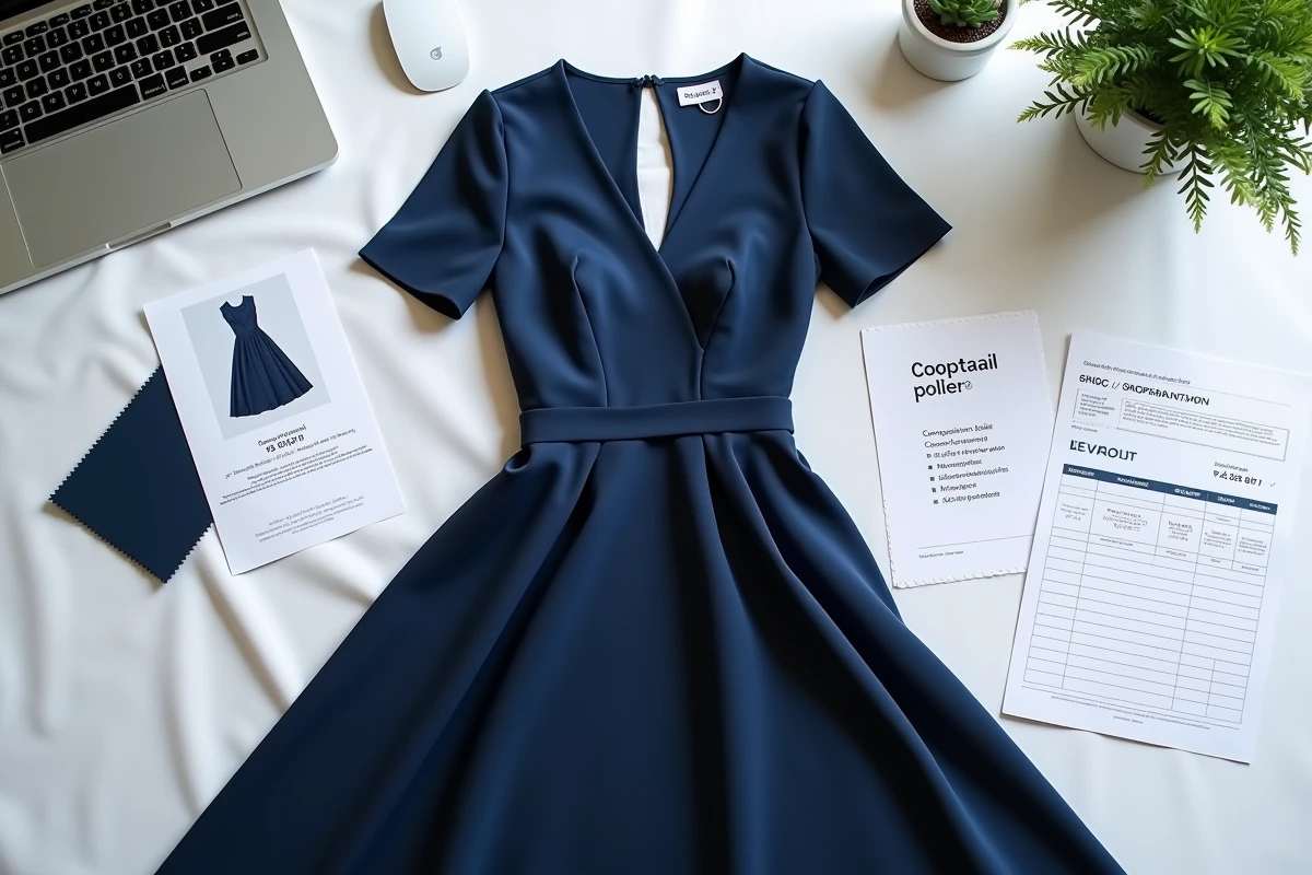 Vue aérienne d'une robe de soirée bleue entourée de documents de commande en ligne, checklist et politique de retour pour éviter les pièges