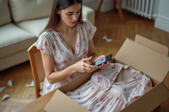 Femme comparant une robe reçue en ligne avec la photo du site e-commerce, déçue par la différence de rendu