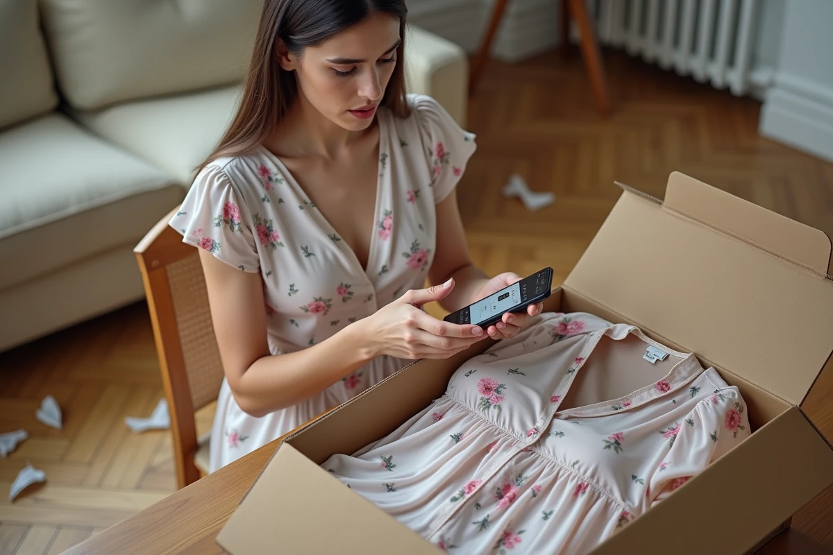 Femme comparant une robe reçue en ligne avec la photo du site e-commerce, déçue par la différence de rendu