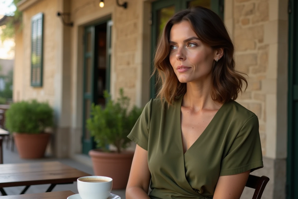 Femme portant une robe verte mate en tissu drapé assise en terrasse de café, style éditorial naturel