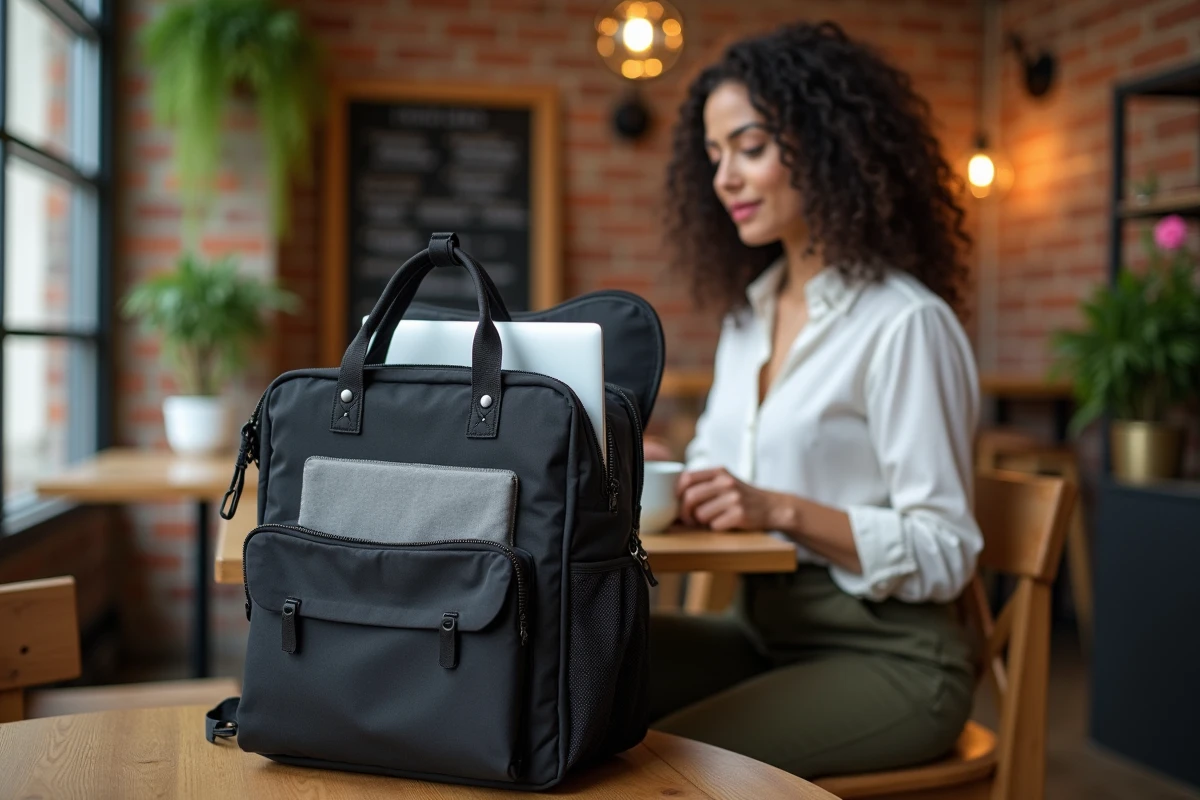 Femme assise dans un café avec un sac à dos de travail en nylon noir ouvert révélant un compartiment ordinateur