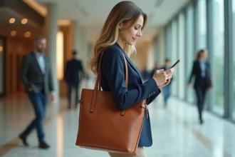 Femme professionnelle tenant un sac cabas en cuir caramel structuré dans un hall moderne, tenue de bureau élégante