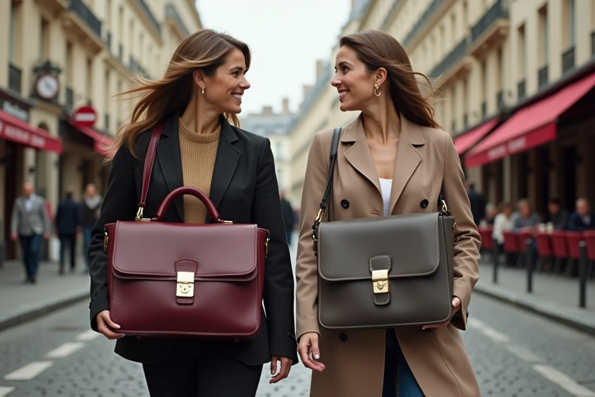 Deux femmes marchant dans une rue parisienne avec des sacs de travail en cuir bordeaux et taupe, style éditorial