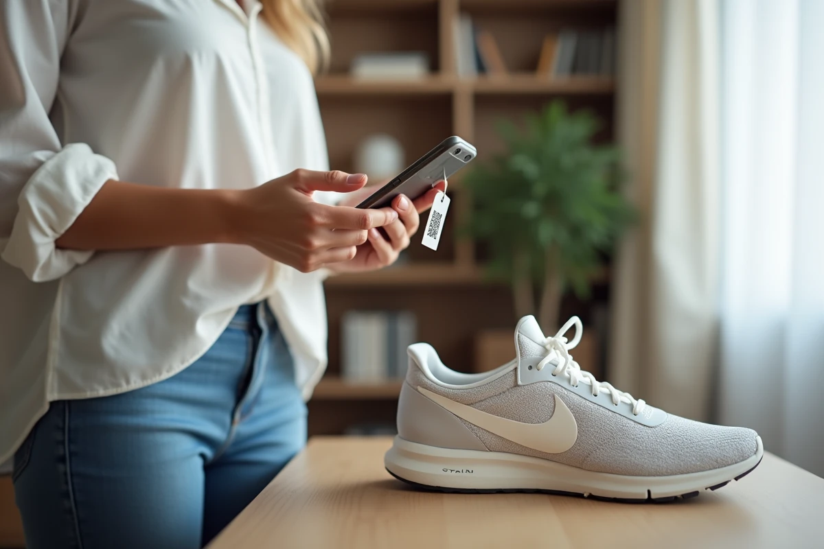 Femme scannant un QR code interne Nike sur une étiquette de chaussure avec son smartphone