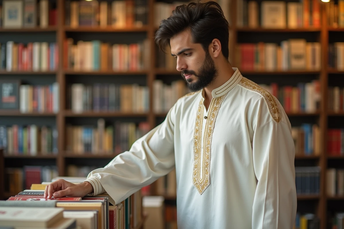 Jeune homme portant une taqiyah brodée moderne dans une librairie urbaine d'Istanbul, style musulman contemporain 2026