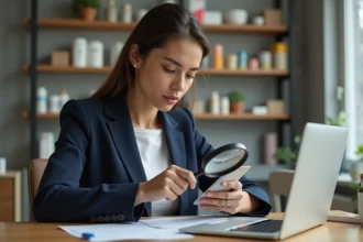 Femme examinant des étiquettes de produits de marque inconnue avec une loupe pour vérifier leur authenticité