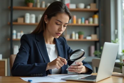 Femme examinant des étiquettes de produits de marque inconnue avec une loupe pour vérifier leur authenticité