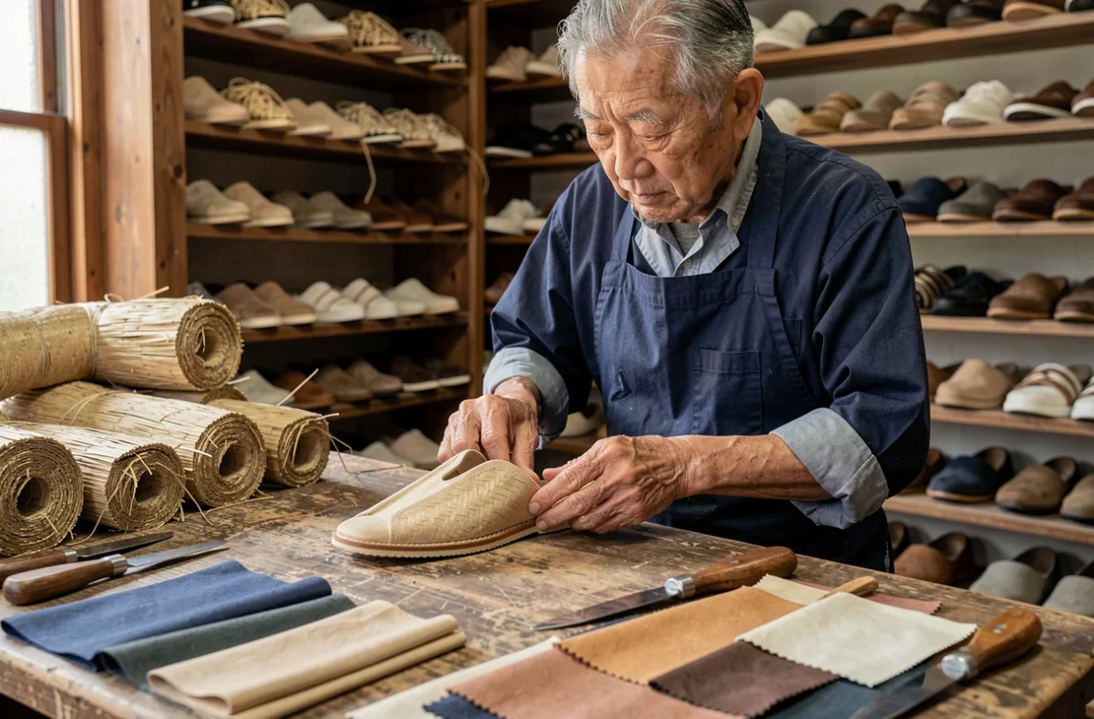 Artisan japonais âgé examinant un zori traditionnel dans son atelier de fabrication de chaussures à Kyoto, mettant en valeur les matériaux en paille de jonc tressée et les outils artisanaux