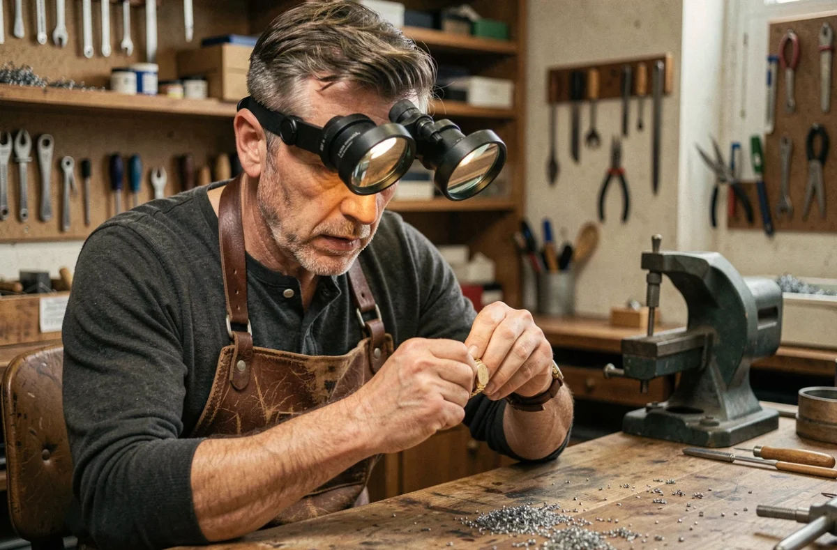 Bijoutier homme examinant un bracelet gravé avec une loupe frontale dans un atelier artisanal