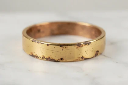 Bracelet plaqué or montrant des signes de décoloration et d'usure révélant le métal de base en dessous