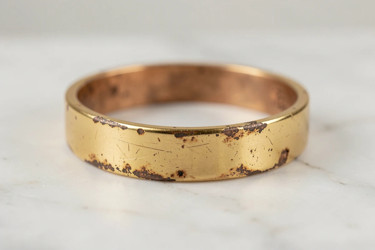 Bracelet plaqué or montrant des signes de décoloration et d'usure révélant le métal de base en dessous