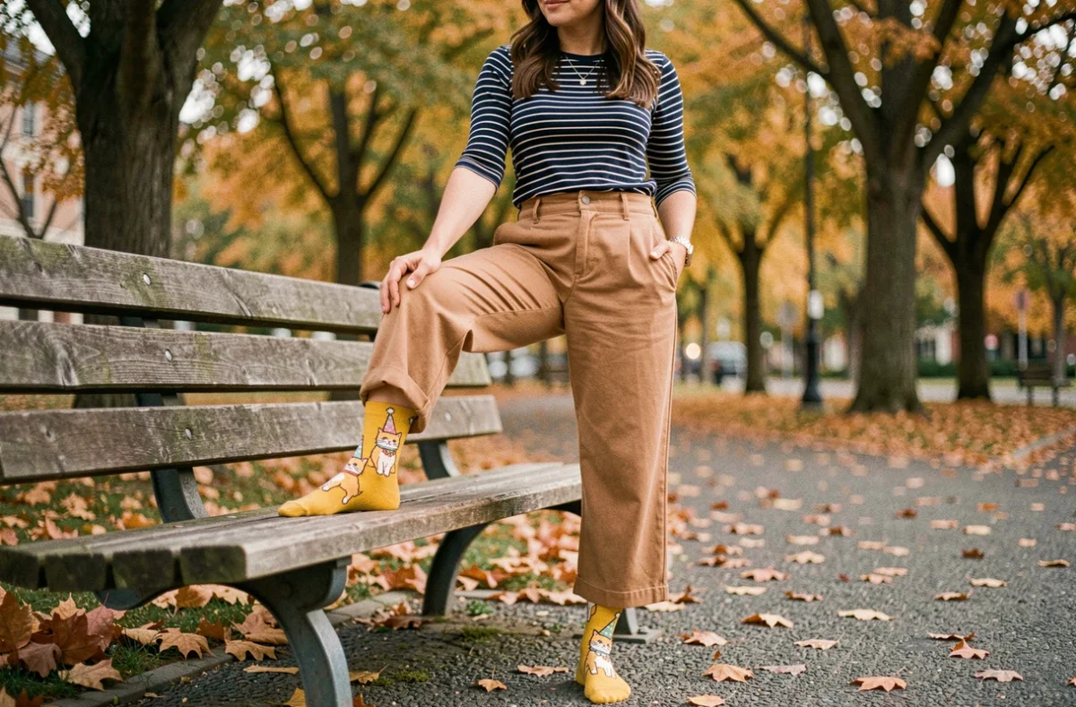 Femme debout sur un banc de parc en automne montrant ses chaussettes fantaisie avec des chats, look tendance et coloré