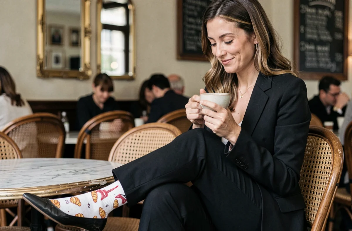 Femme élégante dans un café parisien portant des chaussettes humoristiques à motifs croissants et Tour Eiffel avec un pantalon noir classique