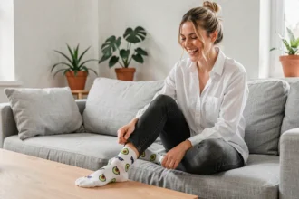 Femme assise sur un canapé qui montre ses chaussettes humoristiques colorées avec des motifs avocats, accessoire tendance pour femme