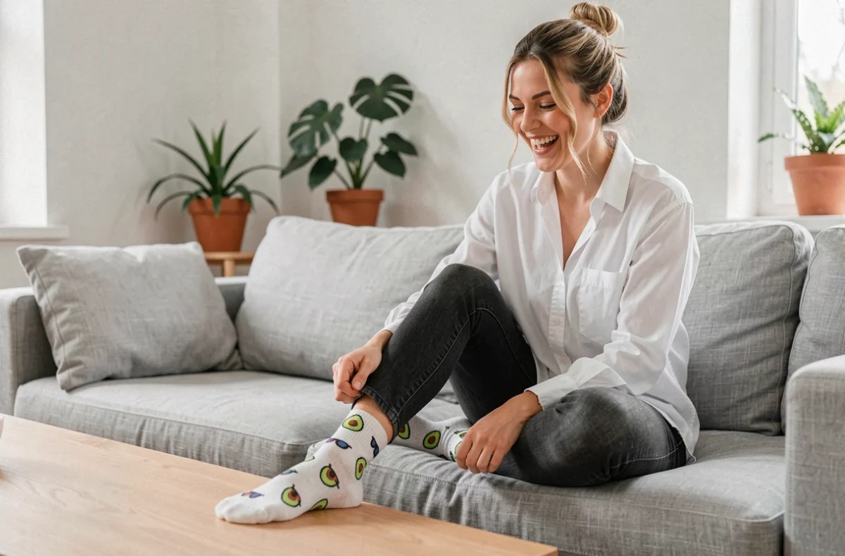 Femme assise sur un canapé qui montre ses chaussettes humoristiques colorées avec des motifs avocats, accessoire tendance pour femme