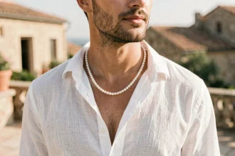 Homme portant un collier en perle naturelle avec une chemise en lin blanche, style élégant décontracté