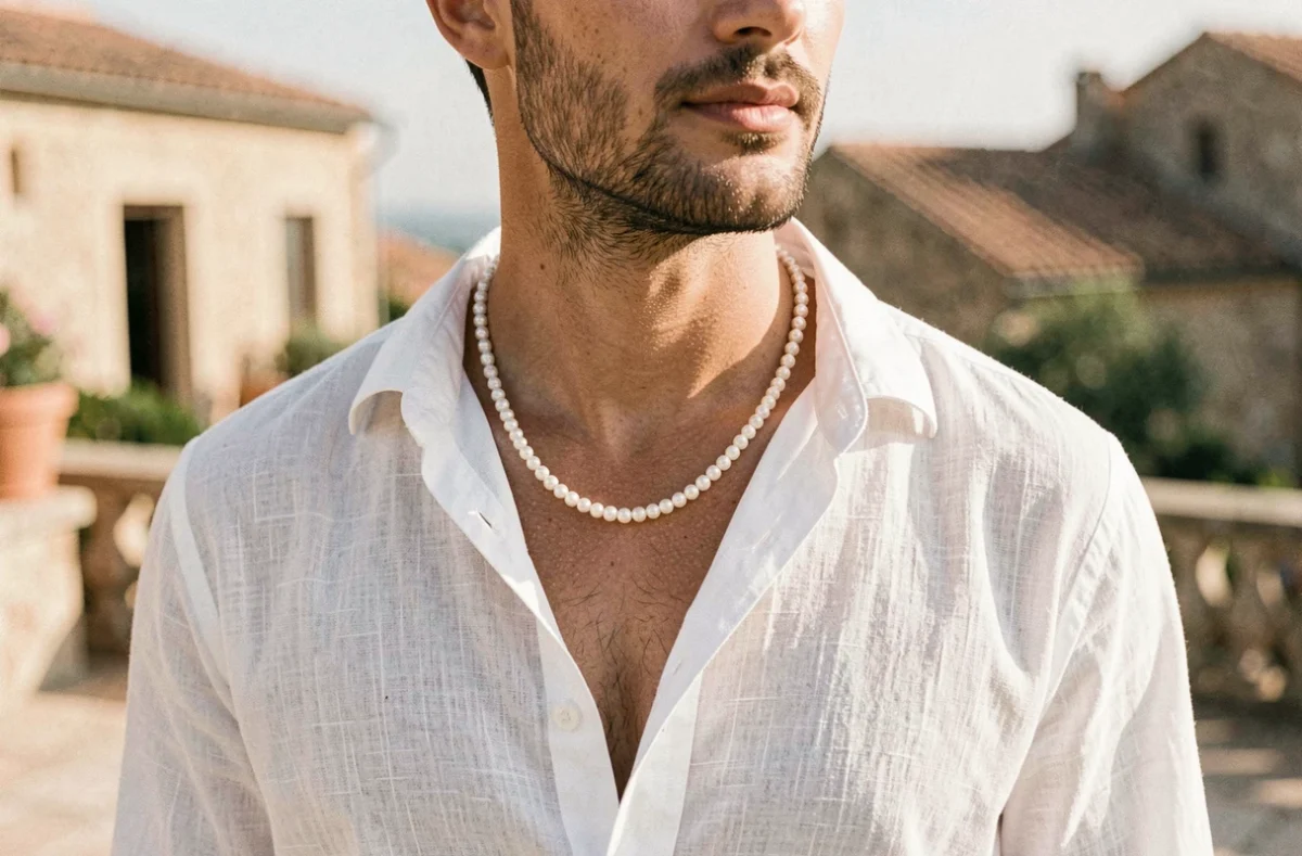 Homme portant un collier en perle naturelle avec une chemise en lin blanche, style élégant décontracté