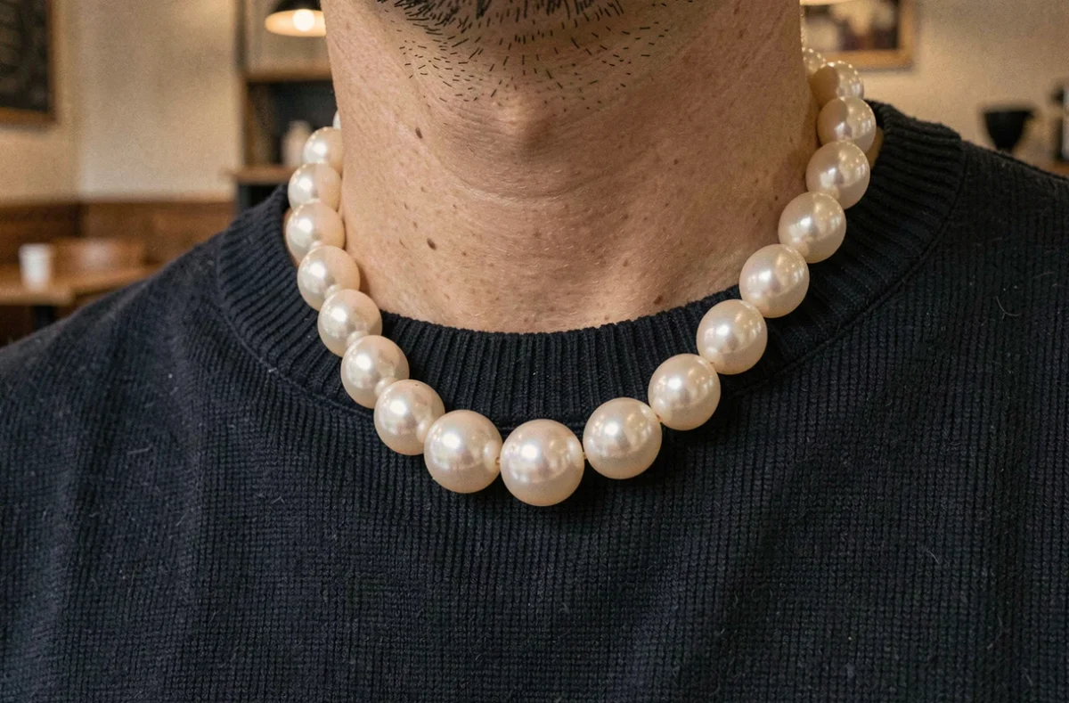 Gros plan d'un collier en perle pour homme sur pull marine, détail irisé et texture naturelle