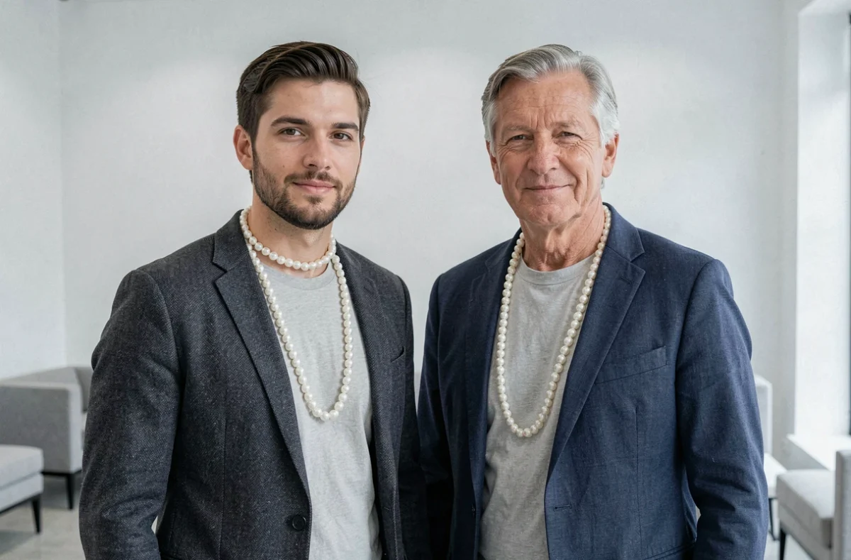 Deux hommes portant des colliers en perle de styles différents, comparaison choker baroque et rang d'Akoya