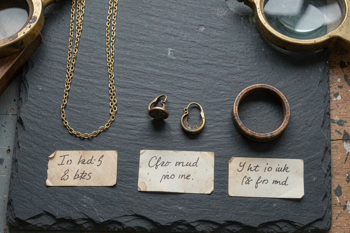 Comparaison de bijoux plaqués or à différents stades de décoloration et d'oxydation sur ardoise