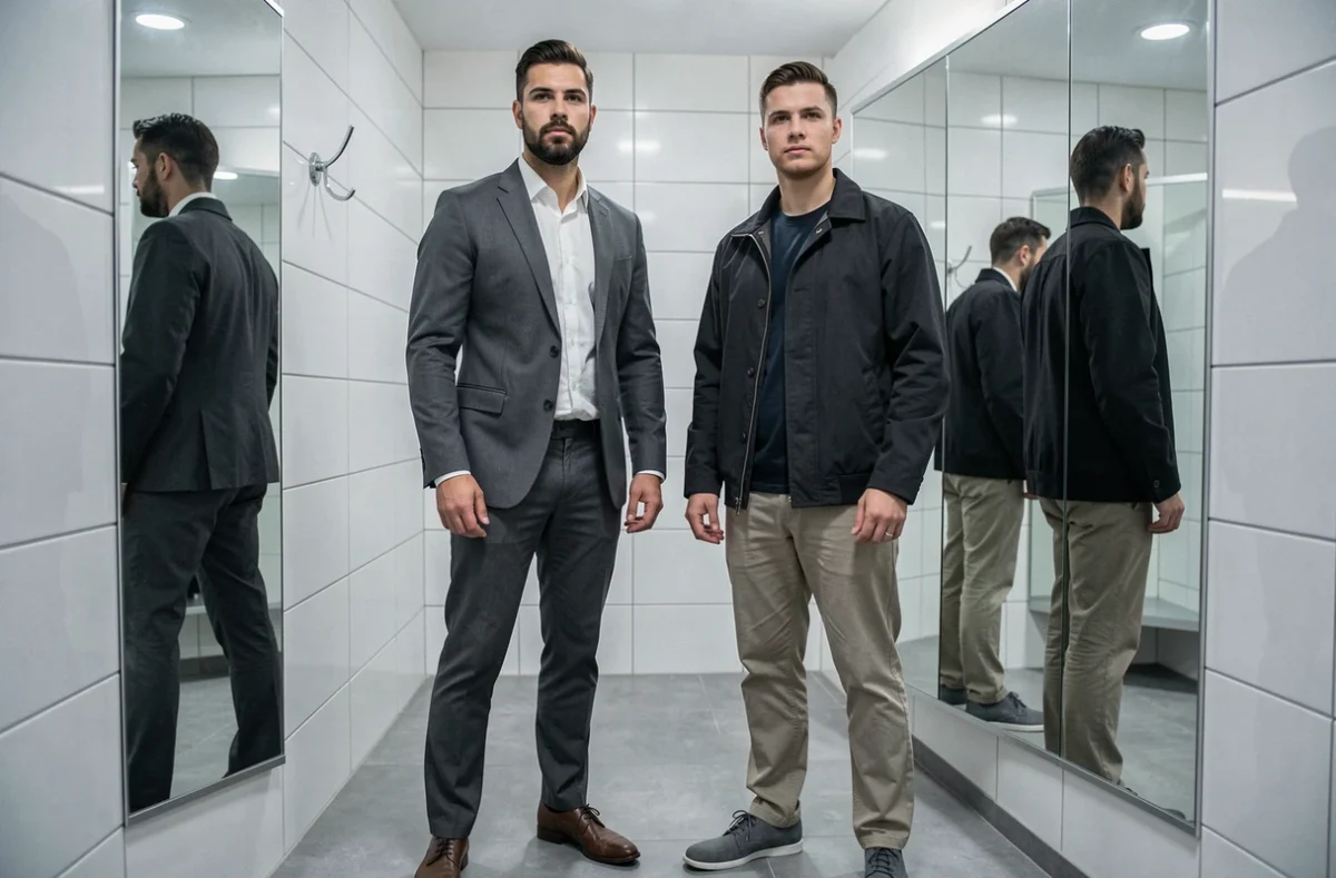 Comparaison de style vestimentaire masculin en cabine d'essayage, montrant un costume bien ajusté face à une tenue mal choisie pour un homme trentenaire