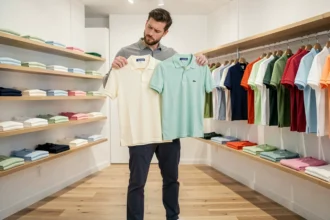 Homme comparant deux polos Lacoste de tailles différentes dans une boutique, pour comprendre le guide des tailles Lacoste