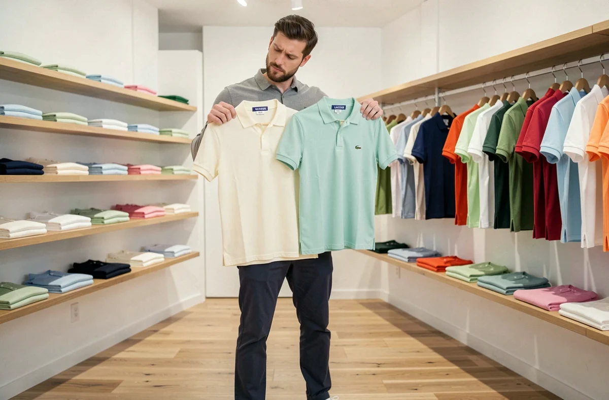 Homme comparant deux polos Lacoste de tailles différentes dans une boutique, pour comprendre le guide des tailles Lacoste