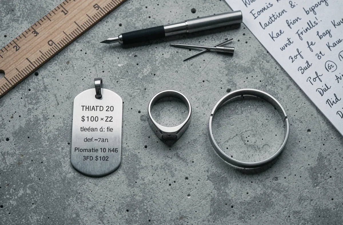 Comparatif de bijoux homme gravés montrant différentes qualités de personnalisation sur fond béton