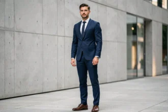 Homme en costume bleu marine bien ajusté illustrant les règles de style vestimentaire masculin des années 30