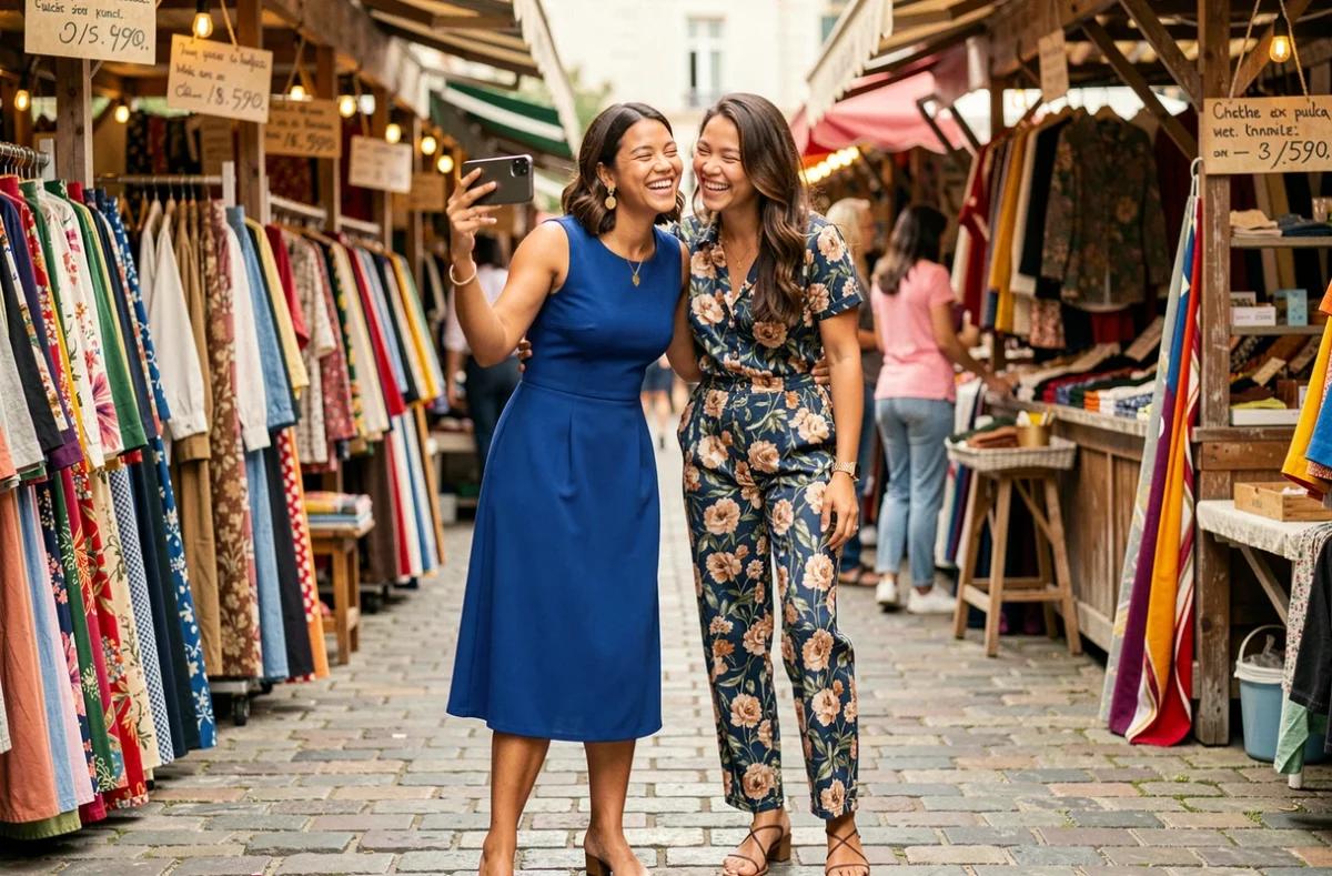 Deux femmes stylées riant et filmant une vidéo de mode pour les réseaux sociaux dans un marché aux puces parisien coloré