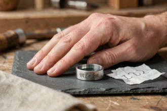 Bague homme en argent avec gravure mal alignée posée sur une surface en ardoise avec une loupe de bijoutier