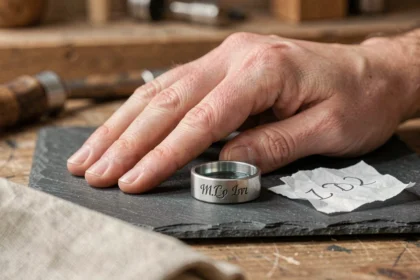 Bague homme en argent avec gravure mal alignée posée sur une surface en ardoise avec une loupe de bijoutier