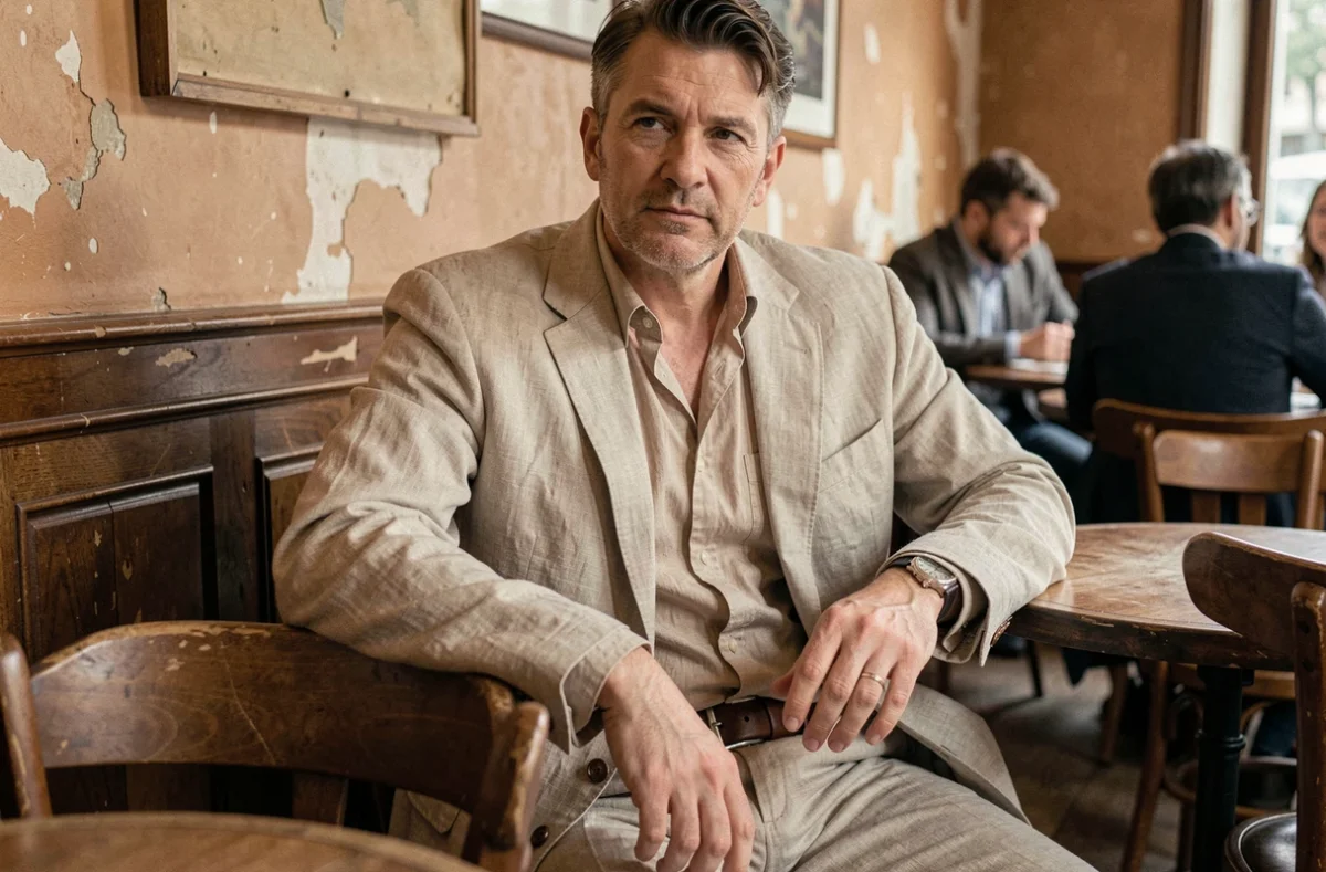 Homme dans un café parisien portant des vêtements mal ajustés, illustrant les erreurs de style à éviter pour un homme de 30 ans