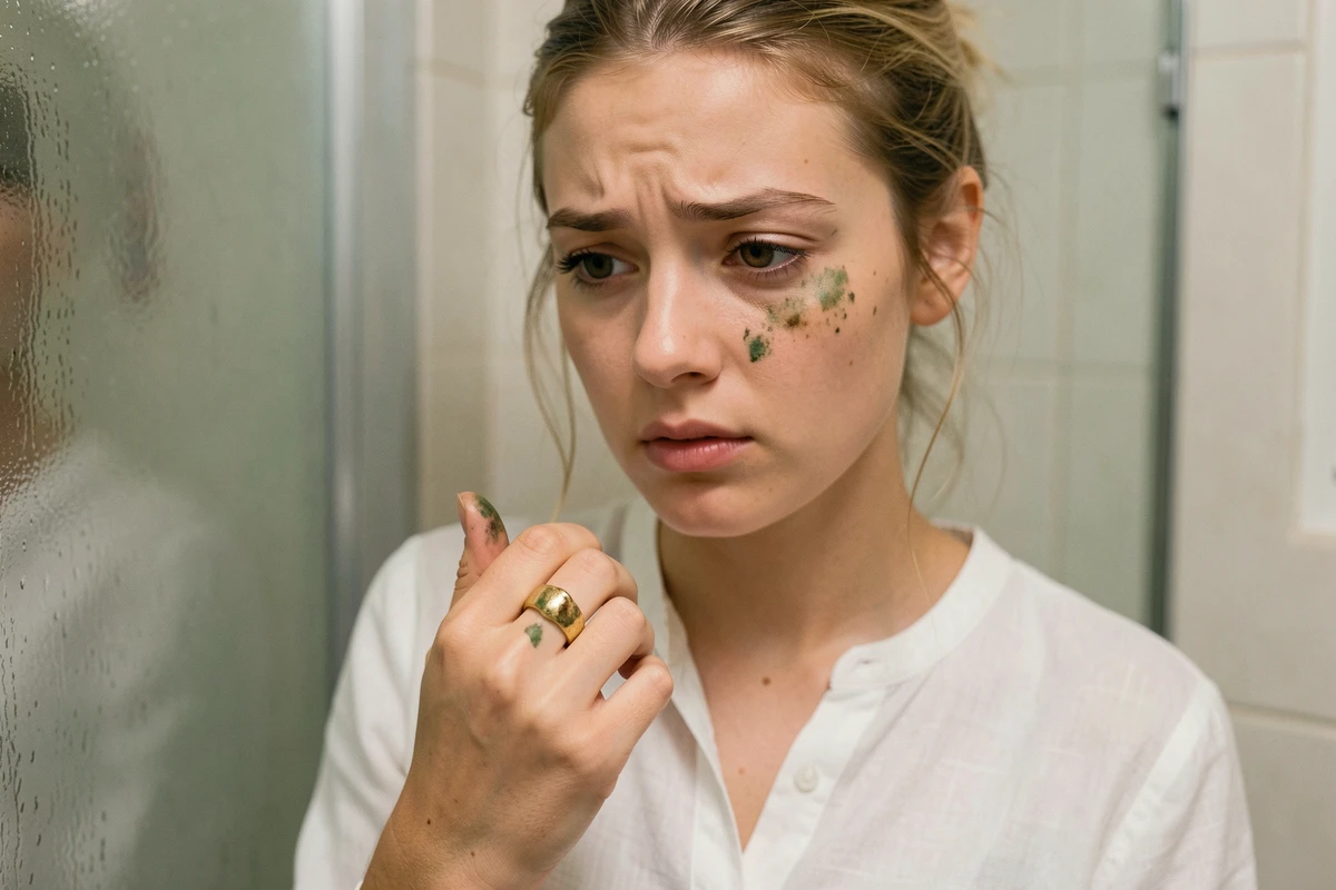Femme inspectant une bague plaquée or ternie laissant des traces vertes sur la peau