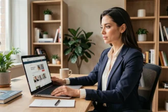 Femme professionnelle consultant un site web d'abonnement sur son ordinateur portable dans un bureau moderne